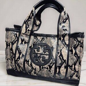 Tory Burch Ella Snakeskin Tote Black Leather Trim Medium Bag 80479-001 EUC